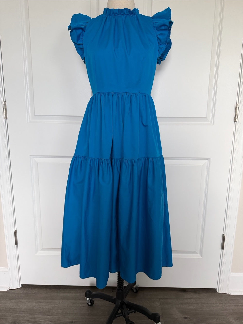 Antonio Melani Blue Ruffle Sleeve Midi Dress High Neck Tiered Dress